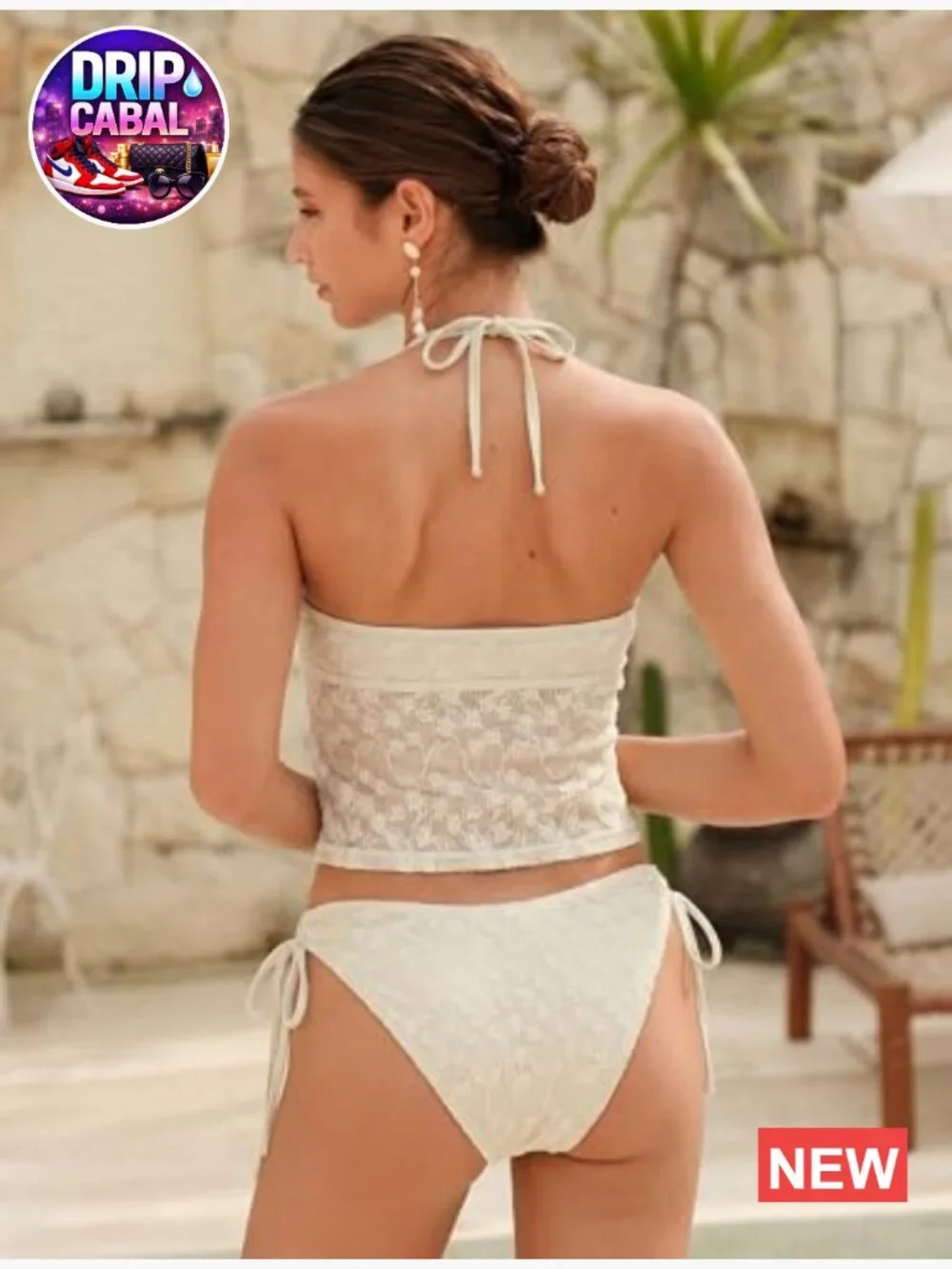 Ruffle V-Neck Tankini Set with Bowknot Lace Textured Top
